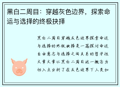 黑白二周目：穿越灰色边界，探索命运与选择的终极抉择